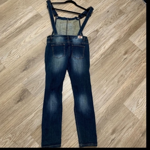 Machine Dark Wash Distressed Overalls Juniors Large - Picture 2 of 12